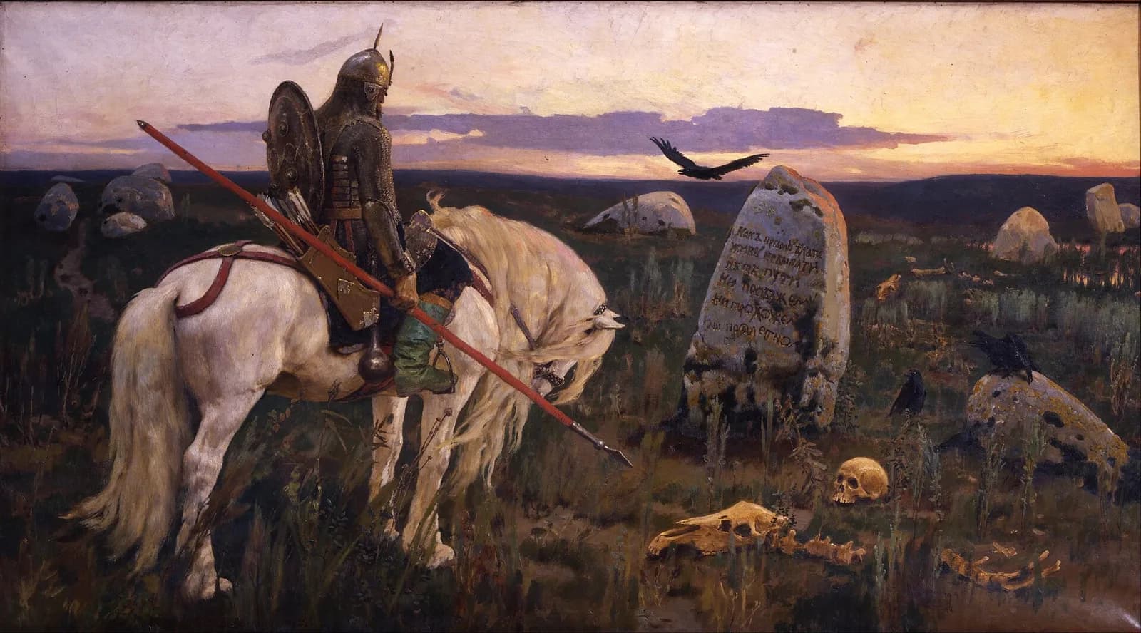 Pintura de Viktor Vasnetsov: um cavaleiro armado, parado sobre um cavalo branco ao entardecer, diante de uma pedra antiga com uma inscrição que anuncia para onde leva cada caminho.